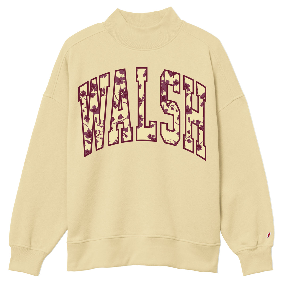 A cream-colored crewneck sweatshirt featuring the word 'WALSH' printed across the chest in a burgundy collegiate font with a floral pattern fill. A small red embroidered logo is visible on the left sleeve cuff.