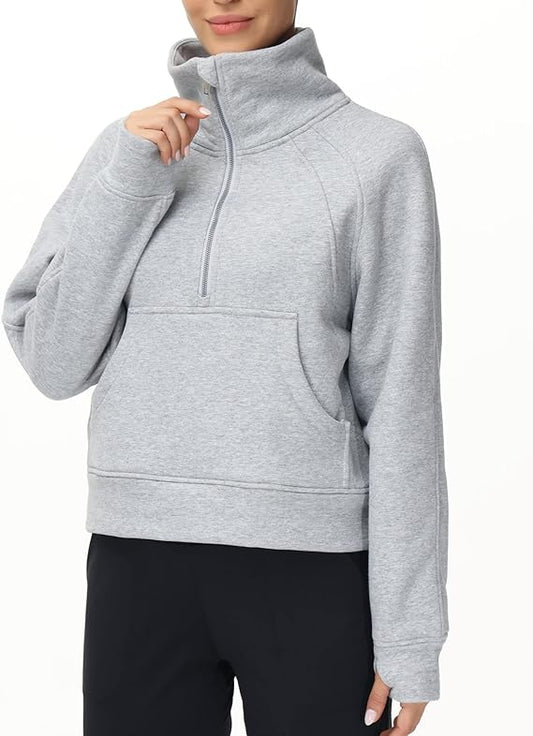 THE GYM PEOPLE Womens' Half Zip Pullover Fleece Stand Collar Crop Sweatshirt with Pockets Thumb Ho