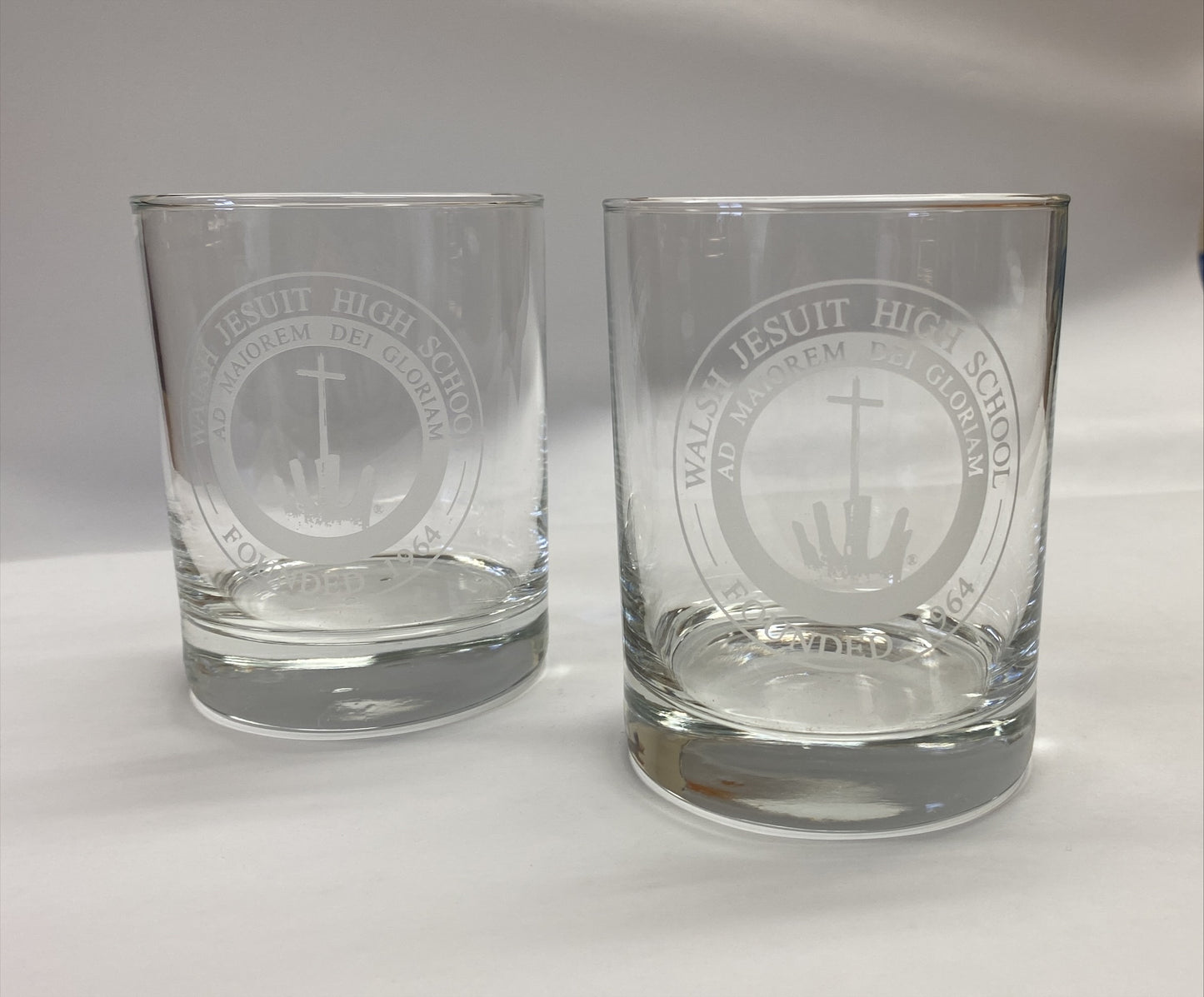 Walsh Jesuit Set of 2 Deep Etched Double Old Fashion Glasses
