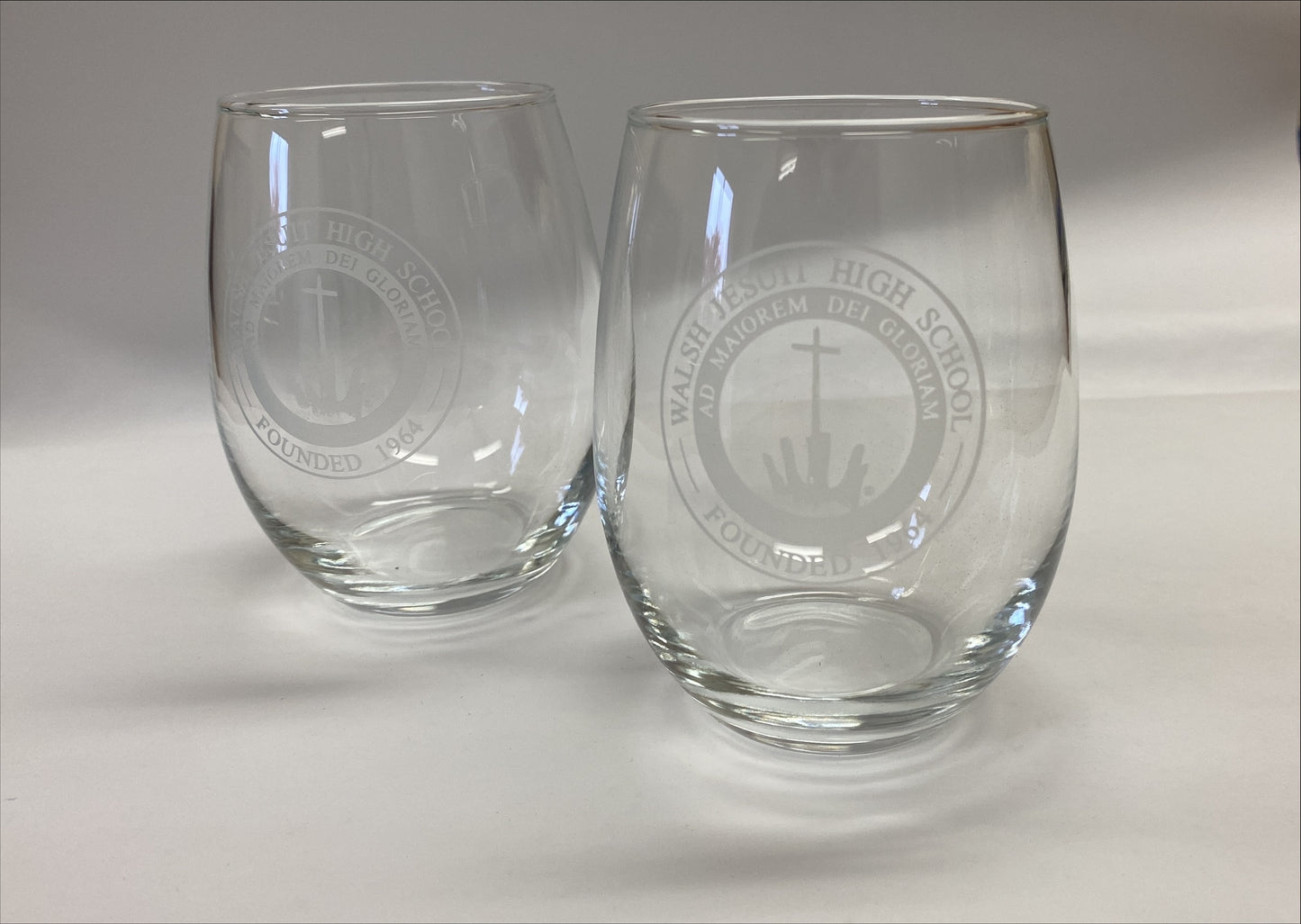 Walsh Jesuit Set of 2 Deep Etched Engraved Stemless Wine Glasses